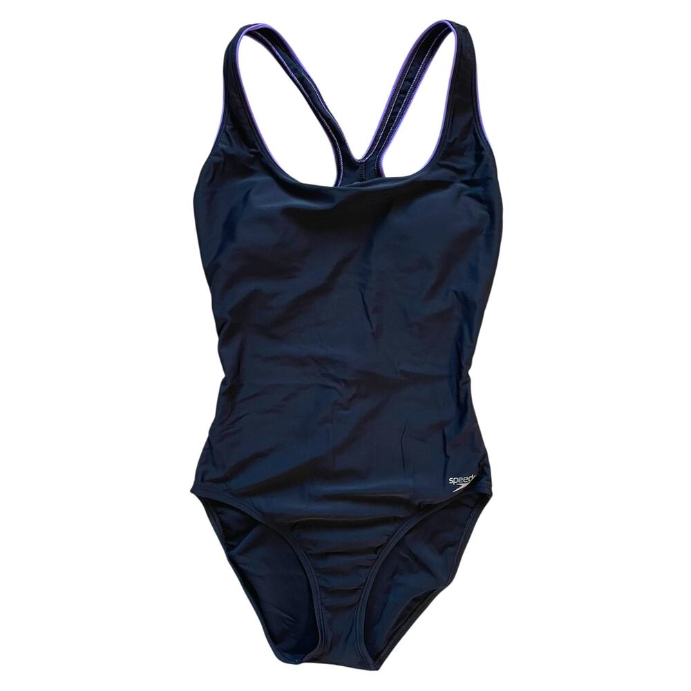 Speedo Swimsuit Womens 12 Black Purple Ultraback Padded Back Cutout One Piece